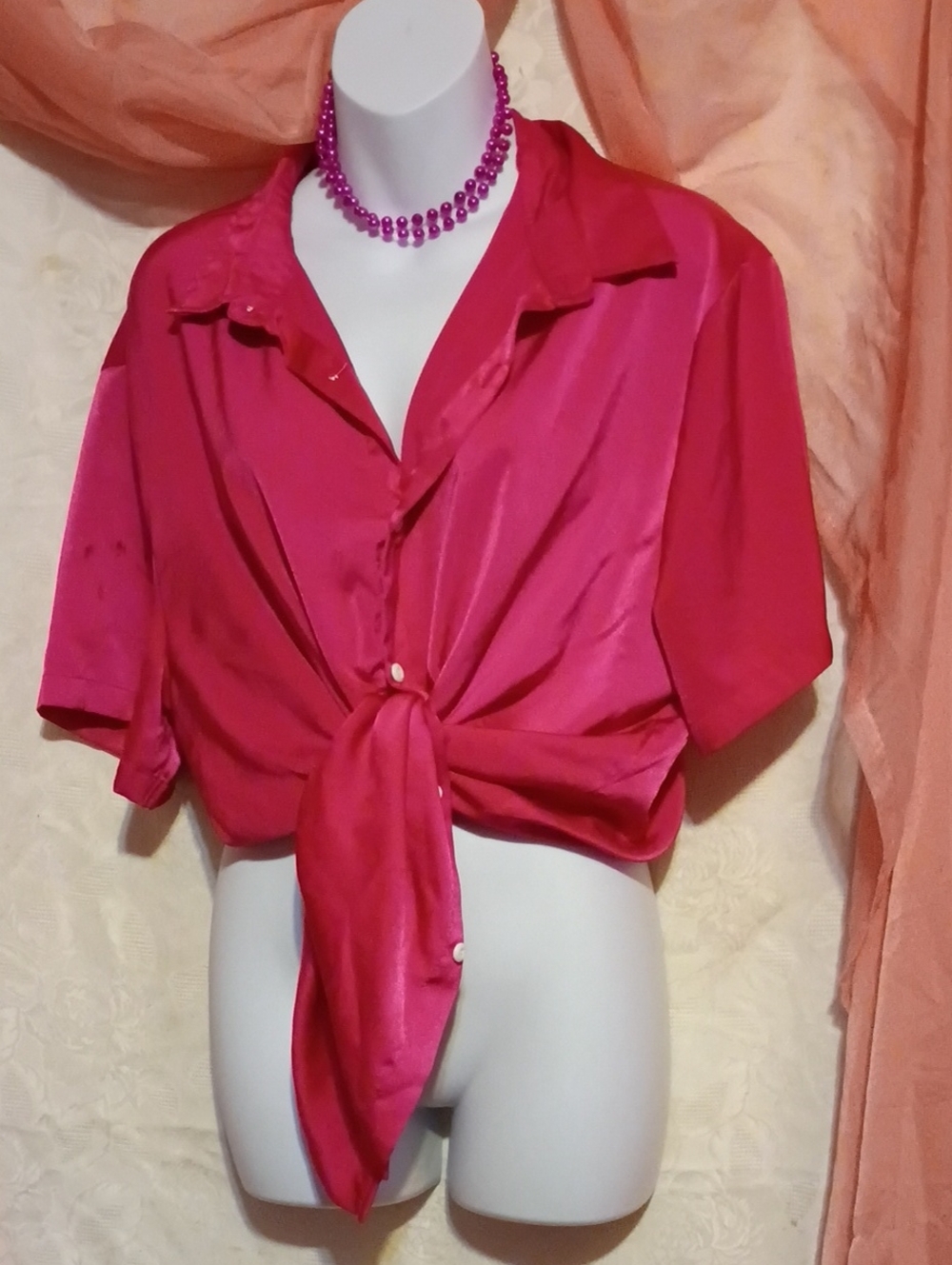 SHEIN Ladies Reddish Pink Satin Elegant Blouse with Short Sleeves Sz XXL